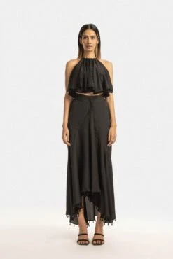 Black Satin Star Ruffle Top