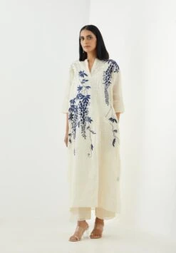 Ecru And China Blue Dress With Thread Embroidery
