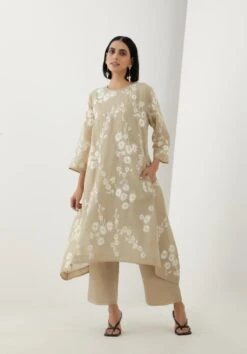 Beige Cotton Dress With Thread Embroidery