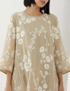 Beige Cotton Dress With Thread Embroidery -Charmers Shop 1668beige 3