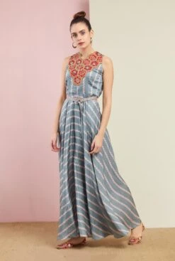 Morbagh Striped Grey Embroidered And Printed Jumpsuit