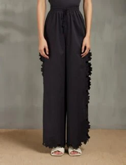 Black Drawstring Pants With High Slit Hexagon Cutwork