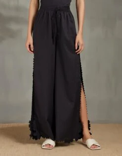 Black Drawstring Pants With High Slit Bud Cutwork