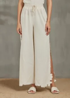 Ivory Drawstring Pants With High Slit Bud Cutwork