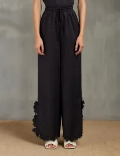 Black Drawstring Pants With Hexagon Cutwork Slit