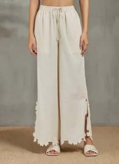 Ivory Drawstring Pants With Hexagon Cutwork Slit