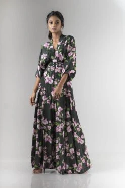 Olive Green Bougainvillea Printed Kimono Box Pleated Jumpsuit