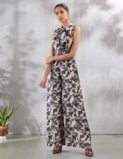 White And Black Floral Print Bow Tie Jumpsuit