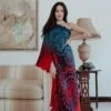 Navy Into Red Batik Printed Pleated One Shoulder Dress With One Sleeve -Charmers Shop 1 5