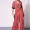 Blush Red Printed Jumpsuit With Scaloop Detail And Leather Belt -Charmers Shop 1 66978