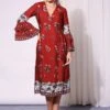 Merlot Red Overlap Printed Dress With Bell Sleeves