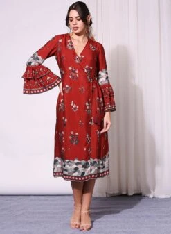 Merlot Red Overlap Printed Dress With Bell Sleeves