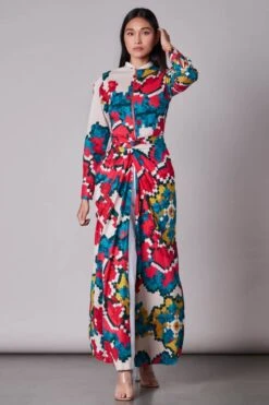 Multi Ikat Print Knot Detailed Jacket With Poplin Trousers