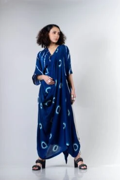 Blue Polka Dhoti Sari With Kaftan Leheria Blouse