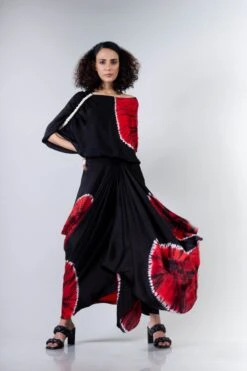 Black And Red Shibori Gather Cowl Skirt With Ald Top Elasticated