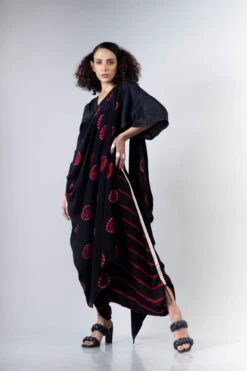 Black And Red Shibori Dhoti Sari With Black Kaftan Crop Blouse
