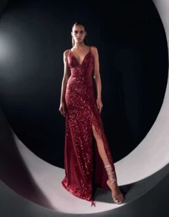 Red Sequins Slit Lumiere Gown