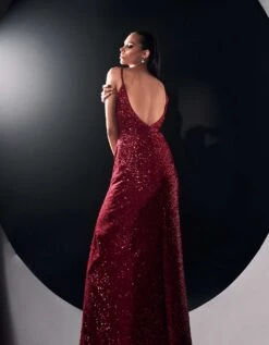 Red Sequins Slit Lumiere Gown -Charmers Shop 210423sg04b