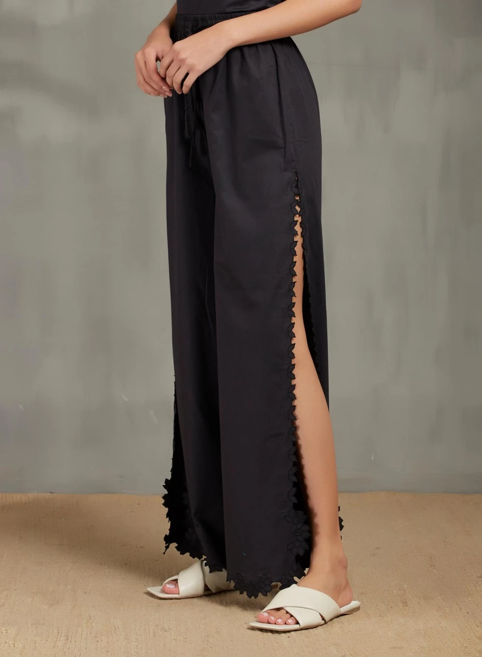 Black Drawstring Pants With High Slit Bud Cutwork 4 Black Drawstring Pants With High Slit Bud Cutwork - Image 2