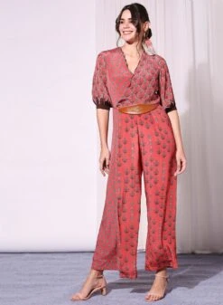 Blush Red Printed Jumpsuit With Scaloop Detail And Leather Belt -Charmers Shop 2 53671