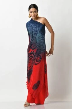 Navy Into Red Batik Printed Pleated One Shoulder Dress With One Sleeve 10 Navy Into Red Batik Printed Pleated One Shoulder Dress With One Sleeve -Charmers Shop 2 58893
