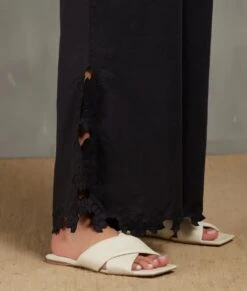 Black Drawstring Pants With Hexagon Cutwork Slit -Charmers Shop 3 10556