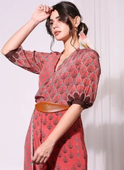 Blush Red Printed Jumpsuit With Scaloop Detail And Leather Belt -Charmers Shop 3 42161