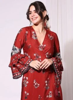 Merlot Red Overlap Printed Dress With Bell Sleeves -Charmers Shop 3 42169