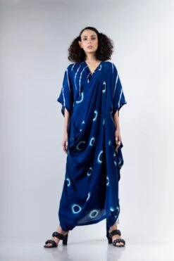 Blue Polka Dhoti Sari With Kaftan Leheria Blouse -Charmers Shop 3 44359