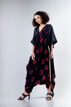 Black And Red Shibori Dhoti Sari With Black Kaftan Crop Blouse -Charmers Shop 3 44372
