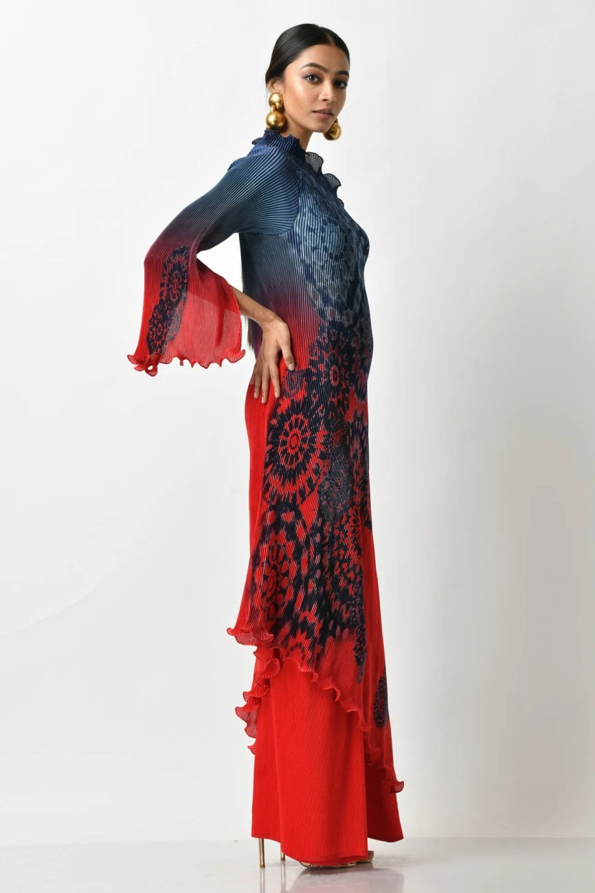 Navy Into Red Batik Printed Pleated One Shoulder Dress With One Sleeve 6 Navy Into Red Batik Printed Pleated One Shoulder Dress With One Sleeve - Image 4