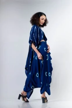 Blue Polka Dhoti Sari With Kaftan Leheria Blouse -Charmers Shop 4 28966