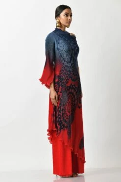 Navy Into Red Batik Printed Pleated One Shoulder Dress With One Sleeve 12 Navy Into Red Batik Printed Pleated One Shoulder Dress With One Sleeve -Charmers Shop 4 30352