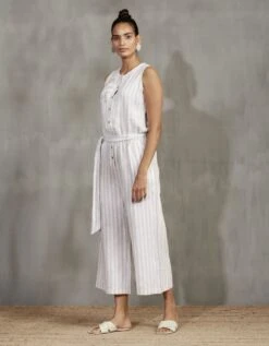 Beige Stripe 100% Linen Jumpsuit -Charmers Shop 4 8872