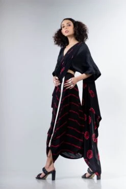 Black And Red Shibori Dhoti Sari With Black Kaftan Crop Blouse -Charmers Shop 5 13871