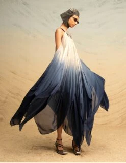 Grey And Blue Chiffon Gradient Fall Panelled Dress -Charmers Shop akaw22ldr153