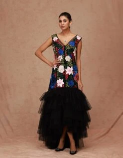 Black Multicolor Multifloral Jacket Dress