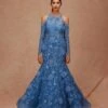 Light Blue Fringe Floral Fishtail Gown -Charmers Shop aw22cg271