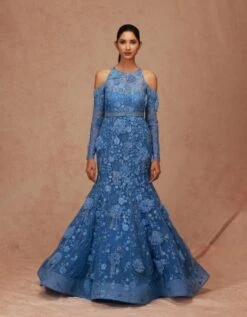 Light Blue Fringe Floral Fishtail Gown