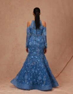 Light Blue Fringe Floral Fishtail Gown -Charmers Shop aw22cg27b