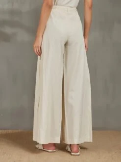 Ivory Side Pleated Pant With Cutwork -Charmers Shop b 17275