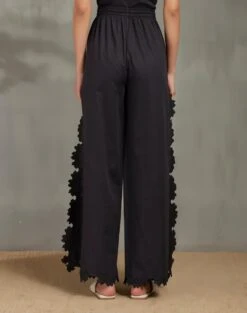 Black Drawstring Pants With High Slit Hexagon Cutwork -Charmers Shop b 17279
