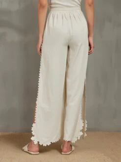 Ivory Drawstring Pants With High Slit Bud Cutwork -Charmers Shop b 17283