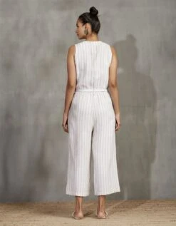 Beige Stripe 100% Linen Jumpsuit -Charmers Shop b 22842