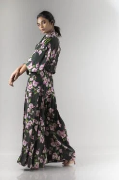 Olive Green Bougainvillea Printed Kimono Box Pleated Jumpsuit -Charmers Shop b 27793