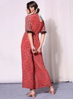 Blush Red Printed Jumpsuit With Scaloop Detail And Leather Belt -Charmers Shop b 63479