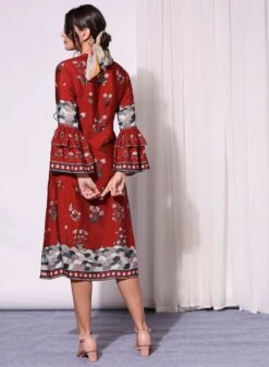Merlot Red Overlap Printed Dress With Bell Sleeves -Charmers Shop b 63489