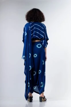 Blue Polka Dhoti Sari With Kaftan Leheria Blouse -Charmers Shop b 66593