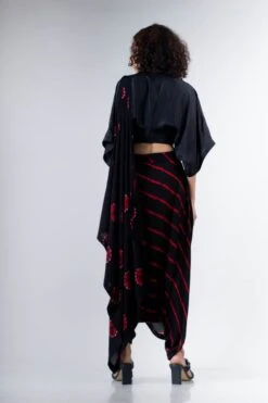 Black And Red Shibori Dhoti Sari With Black Kaftan Crop Blouse -Charmers Shop b 66607