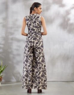White And Black Floral Print Bow Tie Jumpsuit -Charmers Shop b 7137